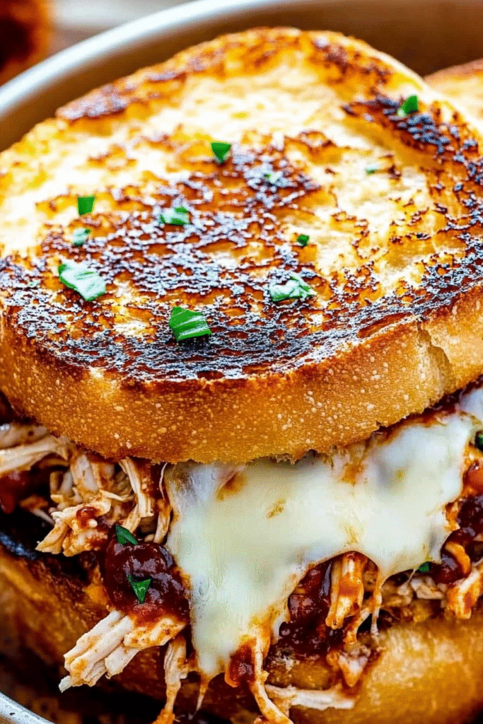 Golden grilled cheese sandwich cut in half showing melted cheese and BBQ pulled chicken filling, served on a wooden board with pickles