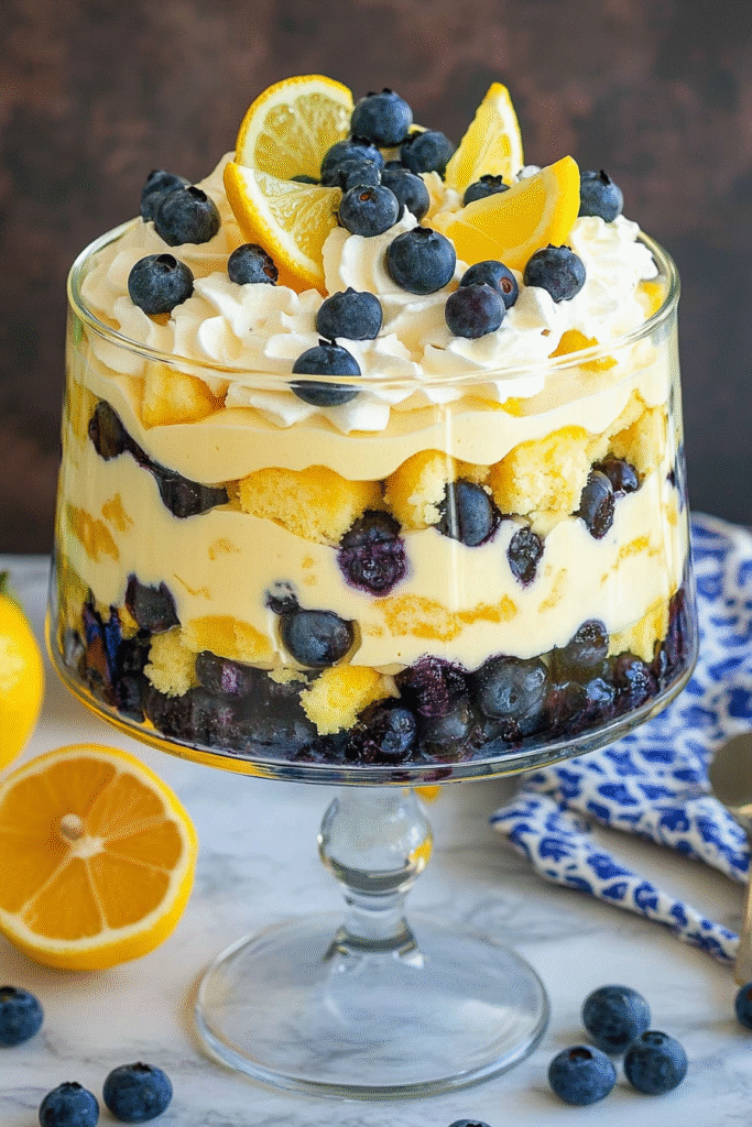 Elegant lemon blueberry trifle in a glass bowl showing beautiful layers of lemon curd, whipped cream, cake, and fresh blueberries