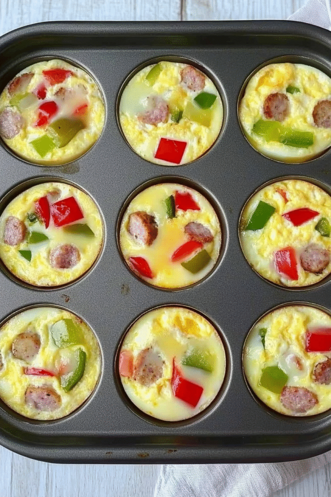 Colorful mini breakfast omelets in a muffin tin with cheese, bell peppers, and herbs, showing their fluffy texture and golden tops