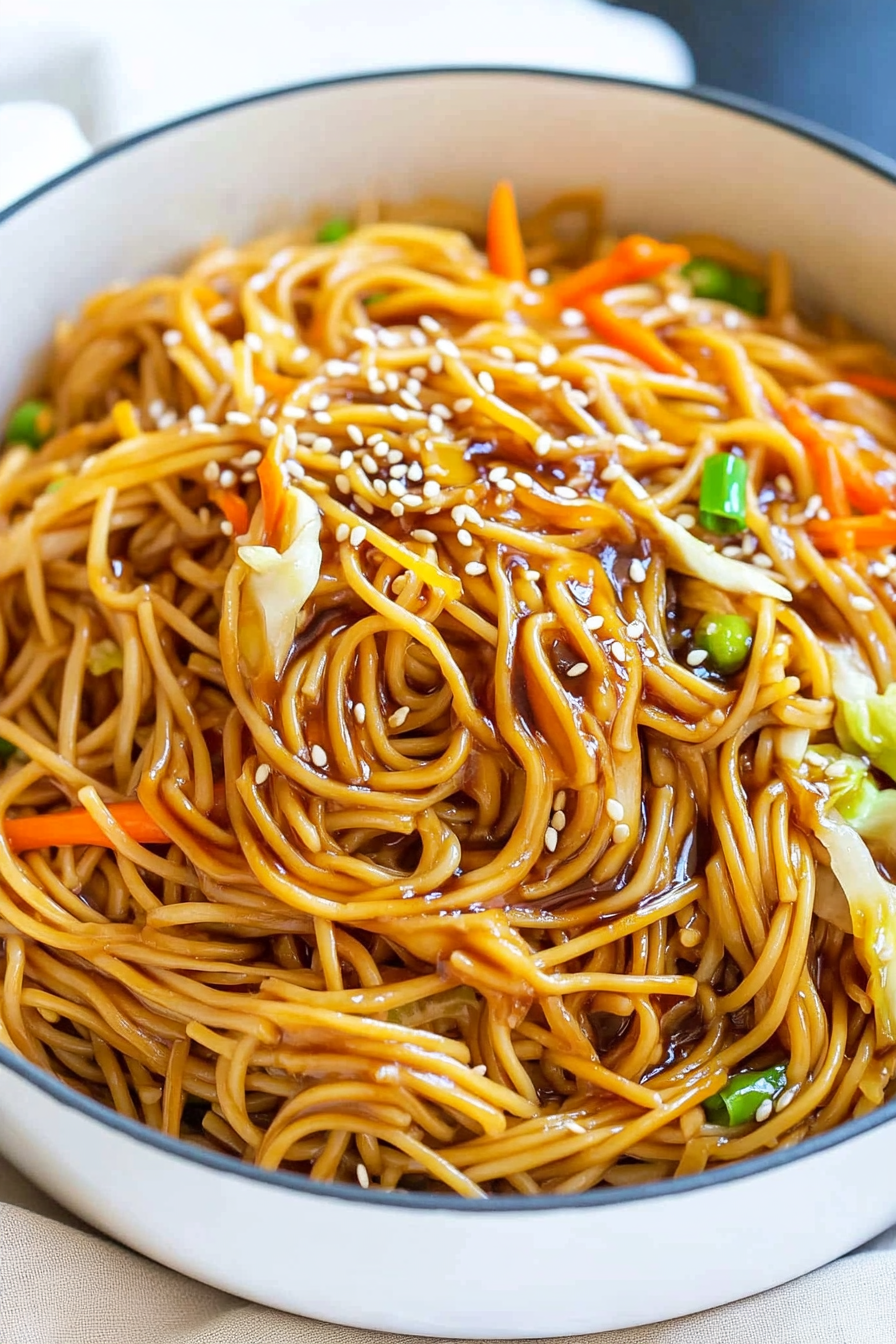 One-Pot Teriyaki Noodles Recipe - Simple and Quick Delicious One-Pot Teriyaki Noodles freshly prepared on a white plate