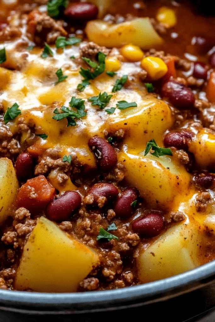 Hearty slow cooker cowboy casserole with ground beef, beans, corn, and melted cheese served in a rustic bowl with a wooden spoon