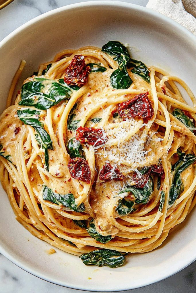 Delicious Spaghetti & Spinach with Sun-Dried Tomato Cream Sauce