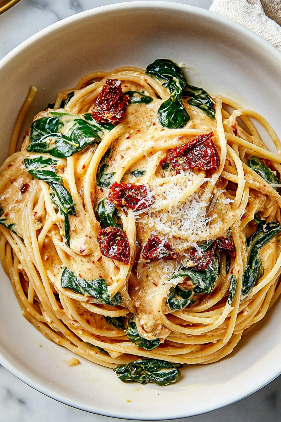 Delicious Spaghetti & Spinach with Sun-Dried Tomato Cream Sauce