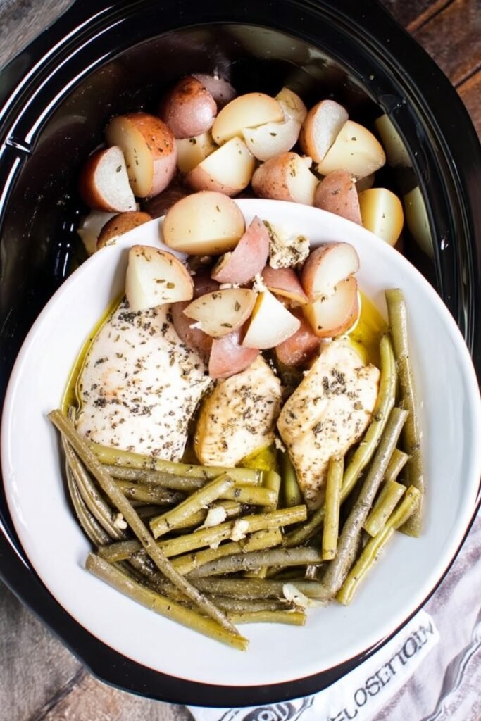 Delicious crockpot chicken potatoes and green beans