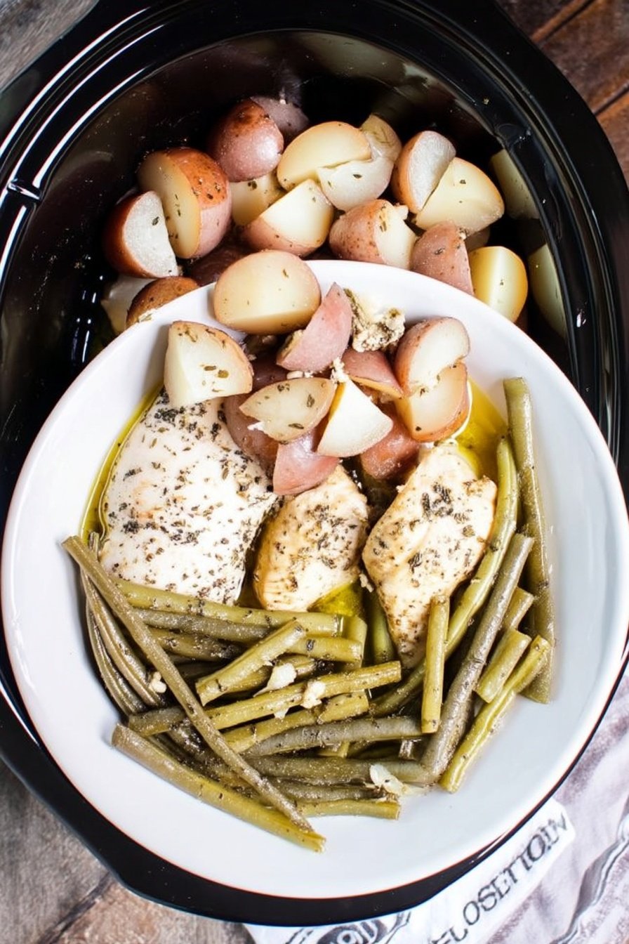 crockpot chicken potatoes and green beans – finished dish (hero)
