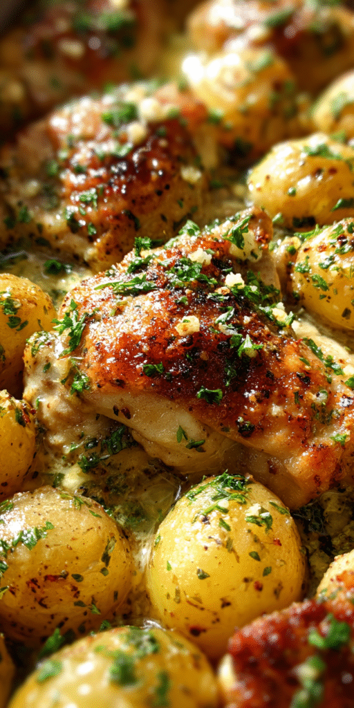 A hearty serving of Garlic Parmesan Crockpot Chicken and Potatoes with tender meat and seasoned spuds