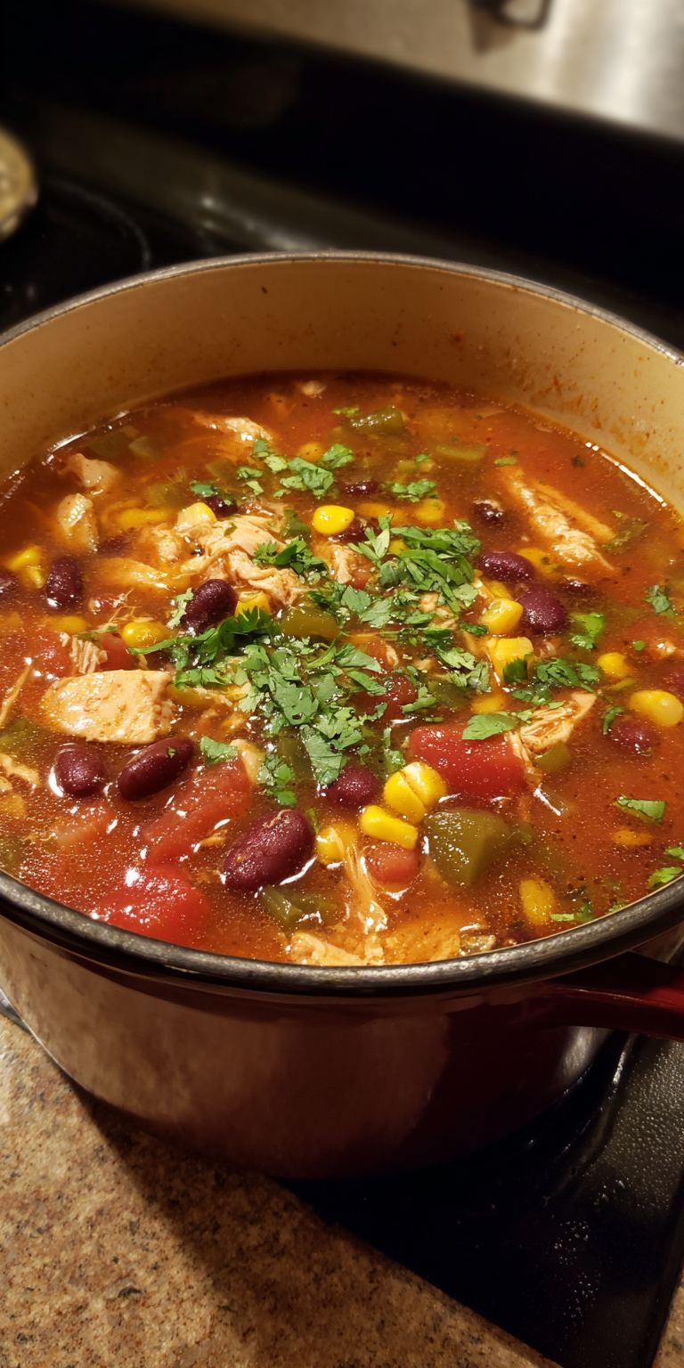 8-Can Chicken Taco Soup served warm with cozy spices