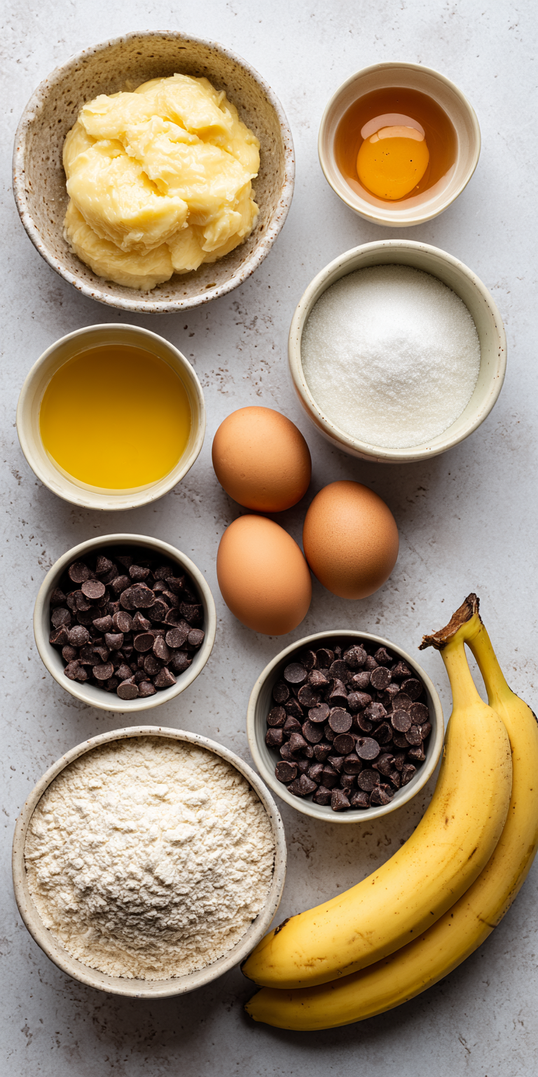 Freshly prepared banana chocolate chip muffin ingredients ready for baking