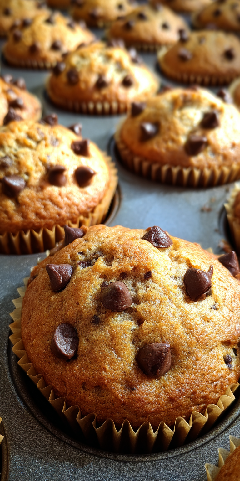 Freshly baked banana chocolate chip muffins with a tender crumb