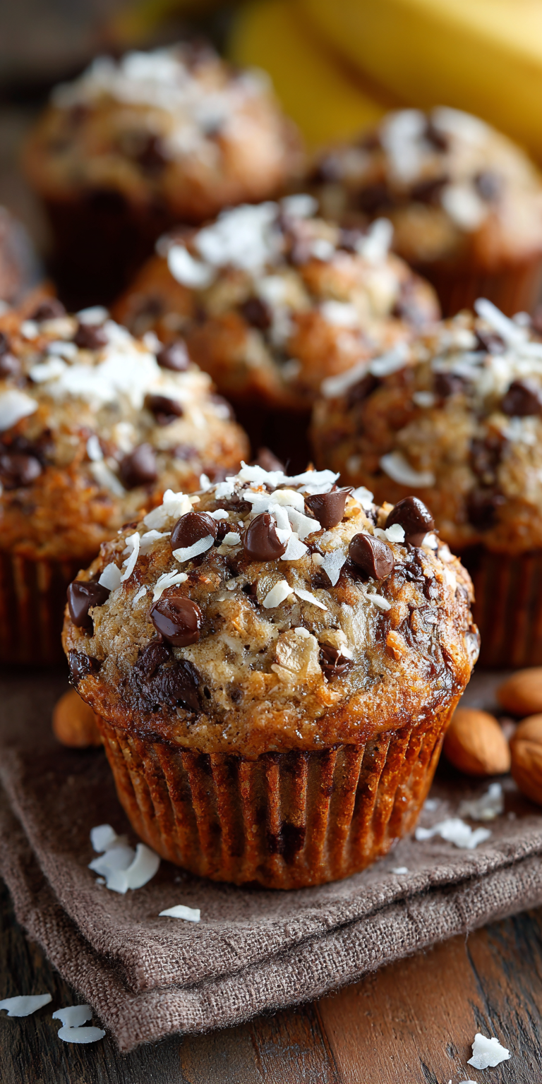 Banana Almond Joy Muffins – Chocolate & Coconut Twist served warm with cozy spices