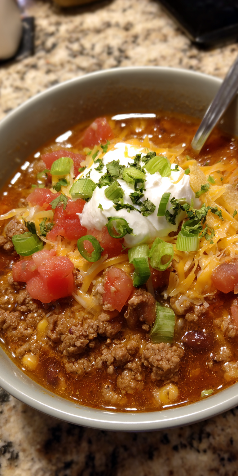 Beefy Cheesy Taco Soup served warm with cozy spices