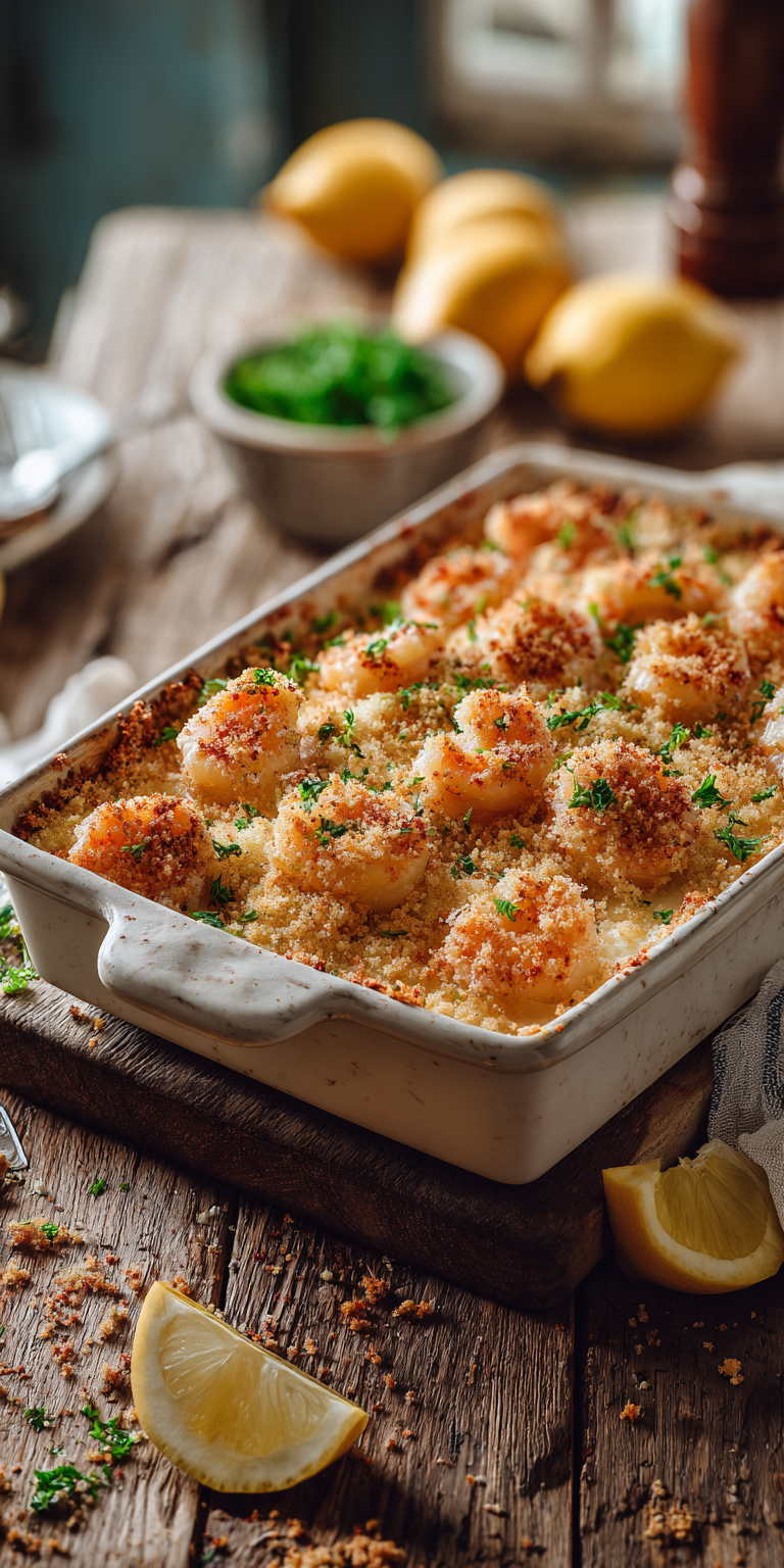 Cheesy Baked Shrimp Scampi Casserole – Perfect for Gatherings served warm with cozy spices
