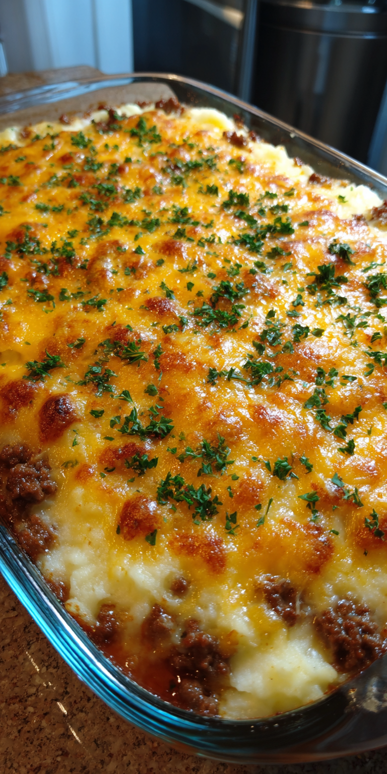 Cheesy Mashed Potato & Ground Beef Casserole served warm with cozy spices