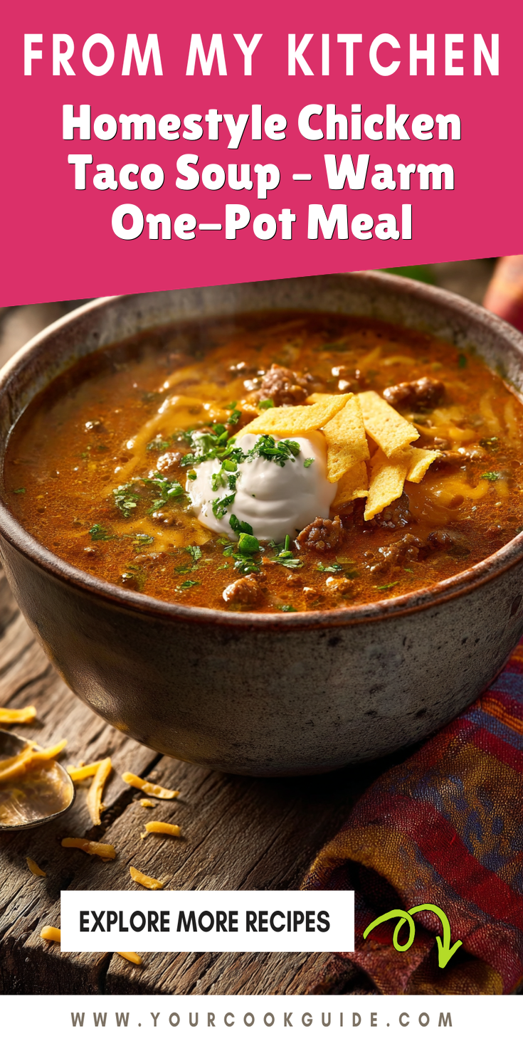 Cheesy Southwest Chicken Taco Soup – Flavorful Weeknight Comfort served warm with cozy spices