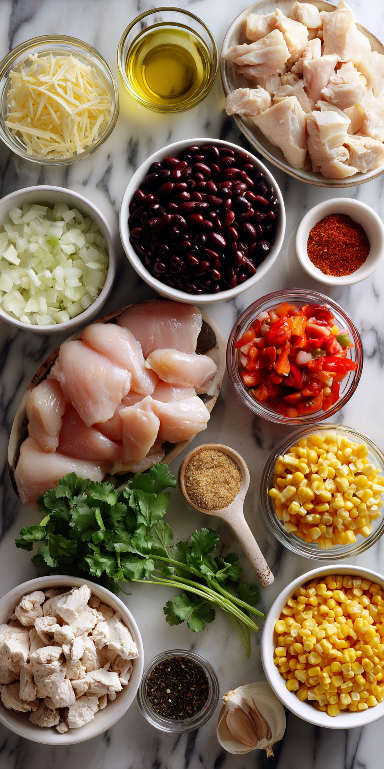 A collection of fresh components for Chicken Taco Soup arranged on a table