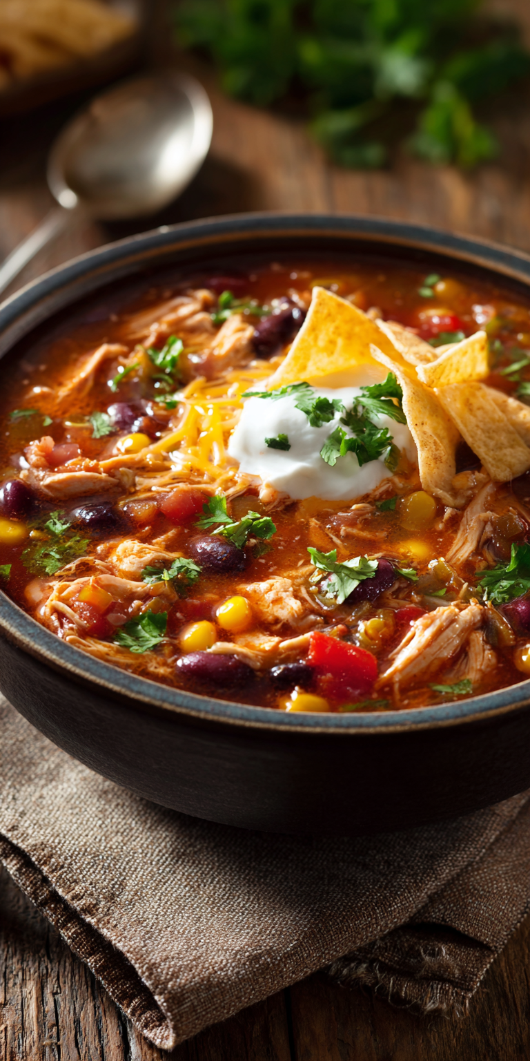 A bowl of hearty chicken taco soup with vibrant spices and tender chicken
