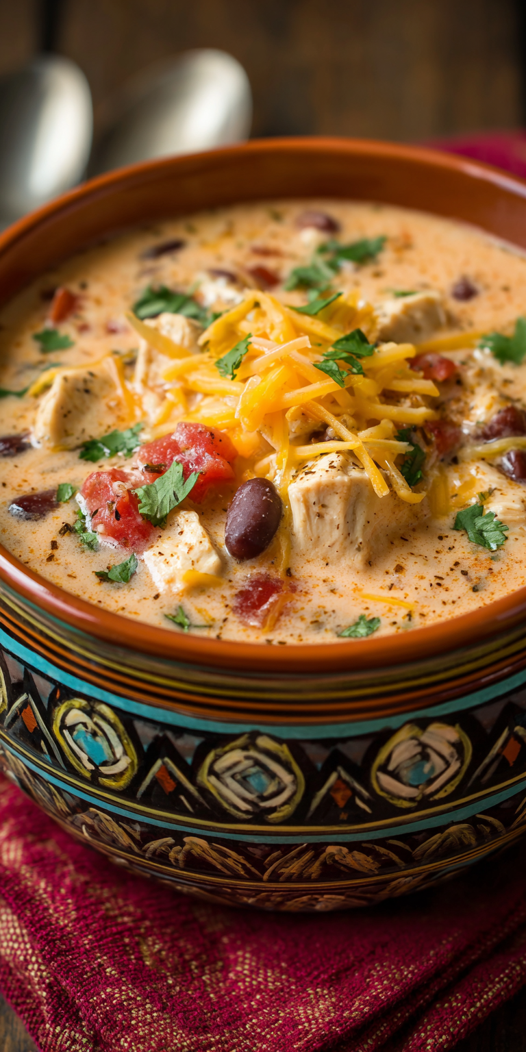 Creamy Cheddar Chicken Taco Soup &ndash; Rich & Simple served warm with cozy spices