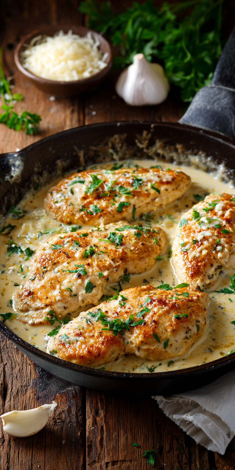 A plate of creamy garlic chicken with a rich, buttery sauce