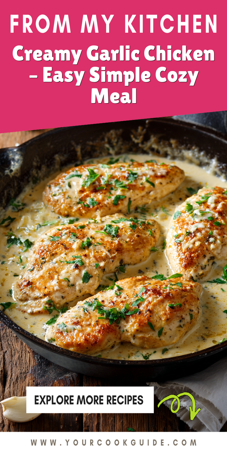 Creamy garlic chicken served in a skillet with a rich sauce