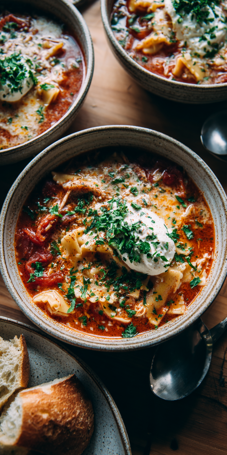 Creamy Italian Chicken Lasagna Soup – Hearty & Delicious served warm with cozy spices