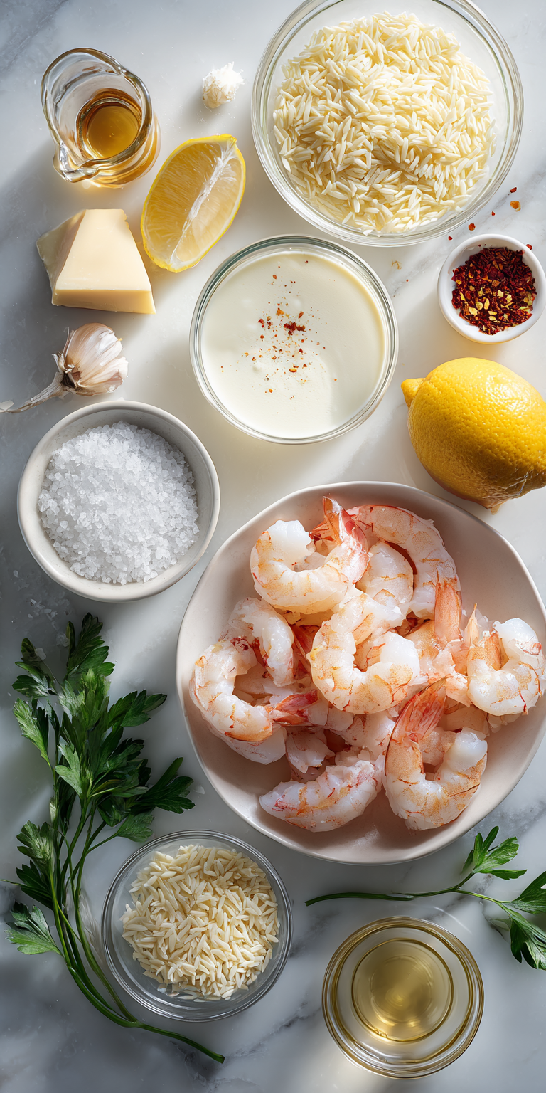 A close-up of raw shrimp, orzo, and fresh herbs ready for Creamy Shrimp Scampi Orzo preparation
