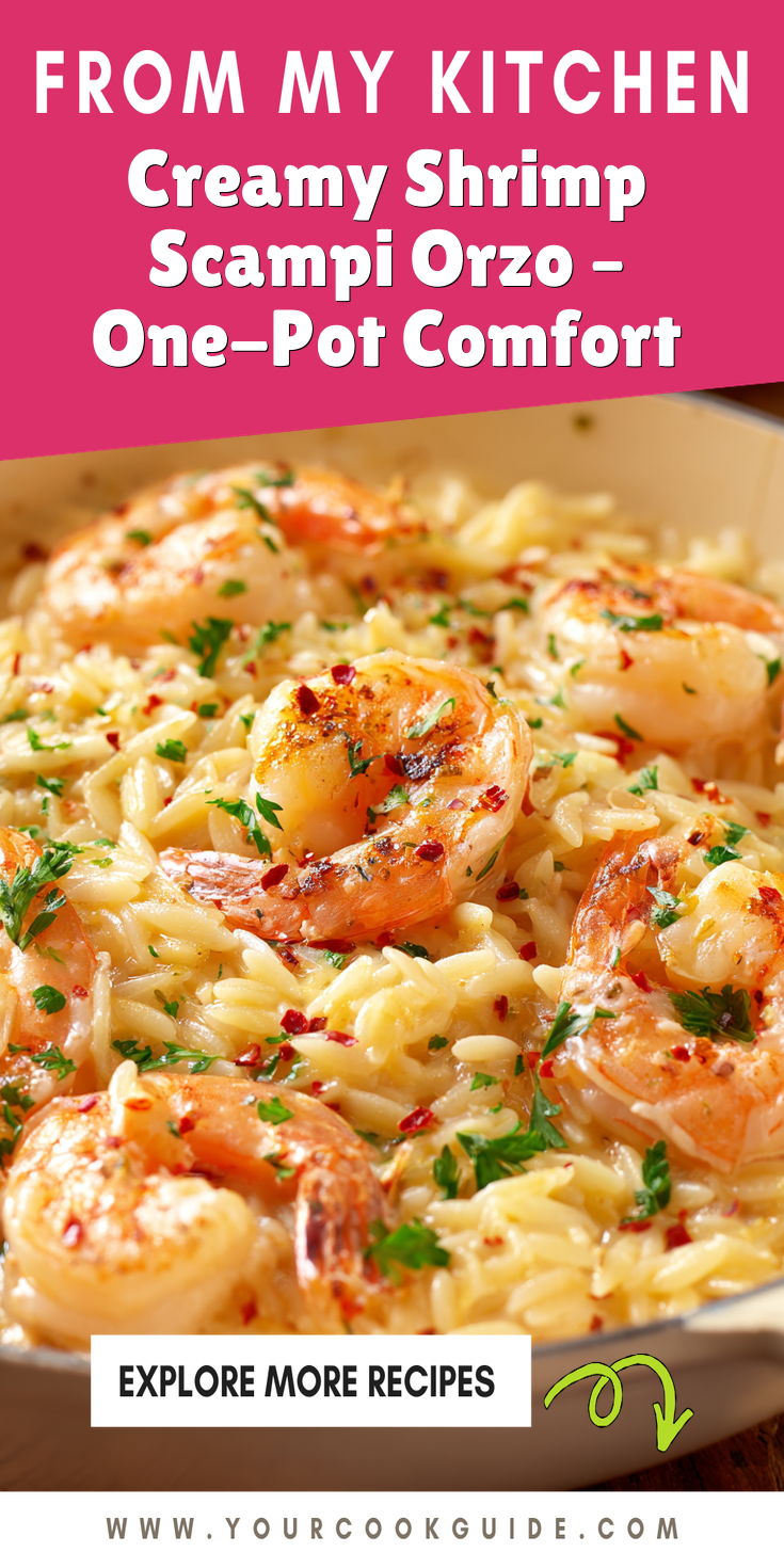 A bowl of creamy shrimp scampi orzo with tender shrimp and a garlicky sauce