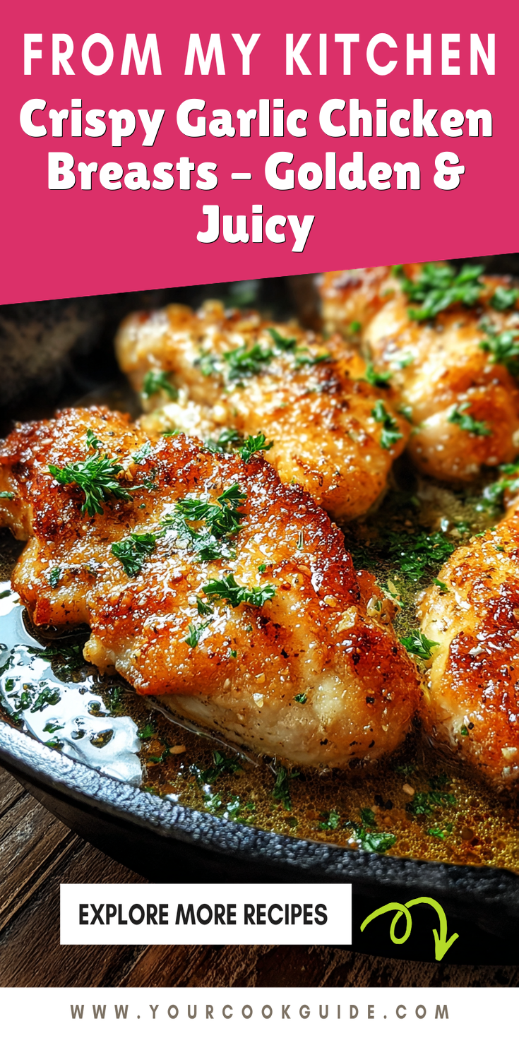 Crispy Garlic Chicken Breasts with a golden, buttery crust on a plate