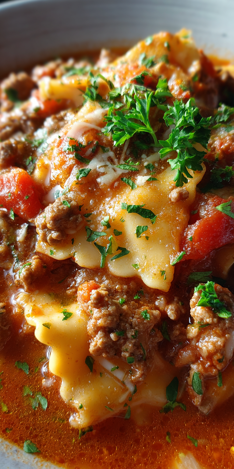 A hearty bowl of Crockpot Lasagna Soup with rich tomato broth and melted cheese
