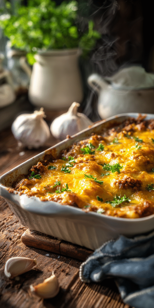 Garlic Herb Ground Beef & Potato Bake Recipe