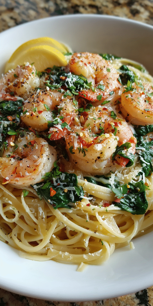 Garlic Shrimp Scampi with Sautéed Spinach Recipe