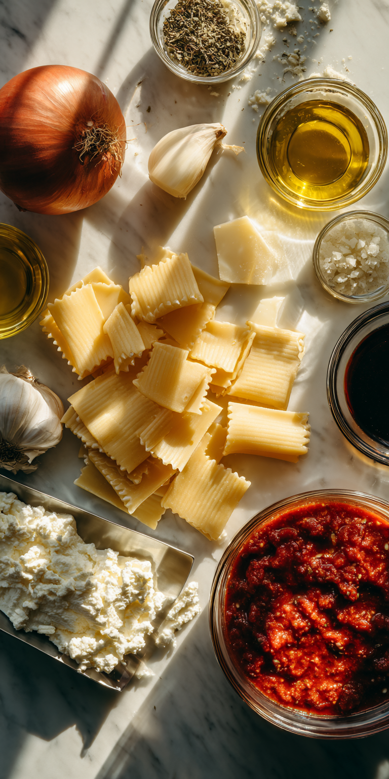 A bowl of gluten-free lasagna soup with fresh ingredients ready to be cooked