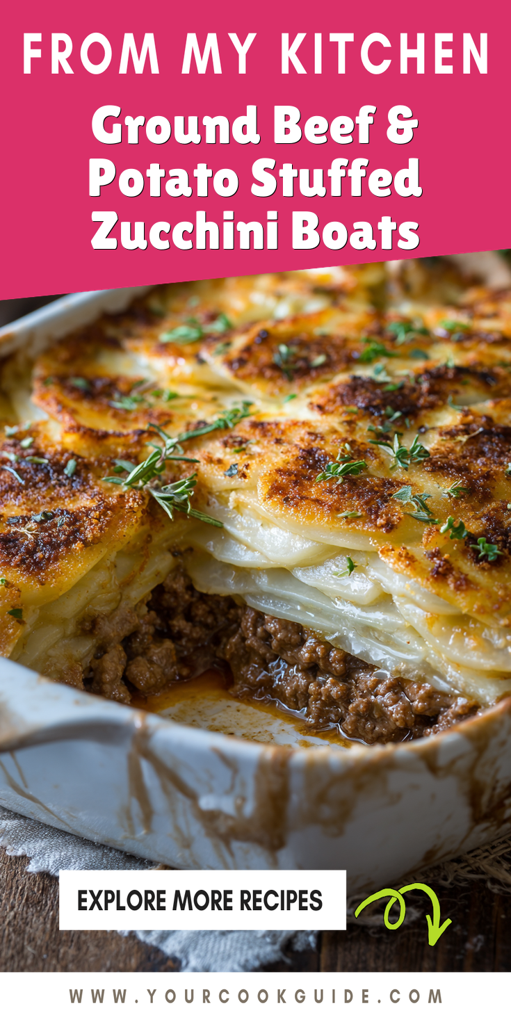 Ground Beef & Potato Stuffed Zucchini Boats served warm with cozy spices