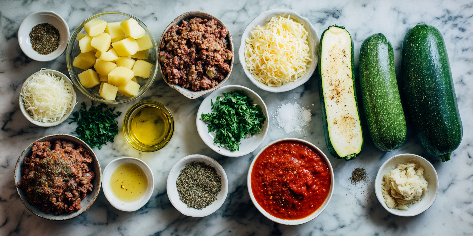 Ground Beef & Potato Stuffed Zucchini served warm with cozy spices
