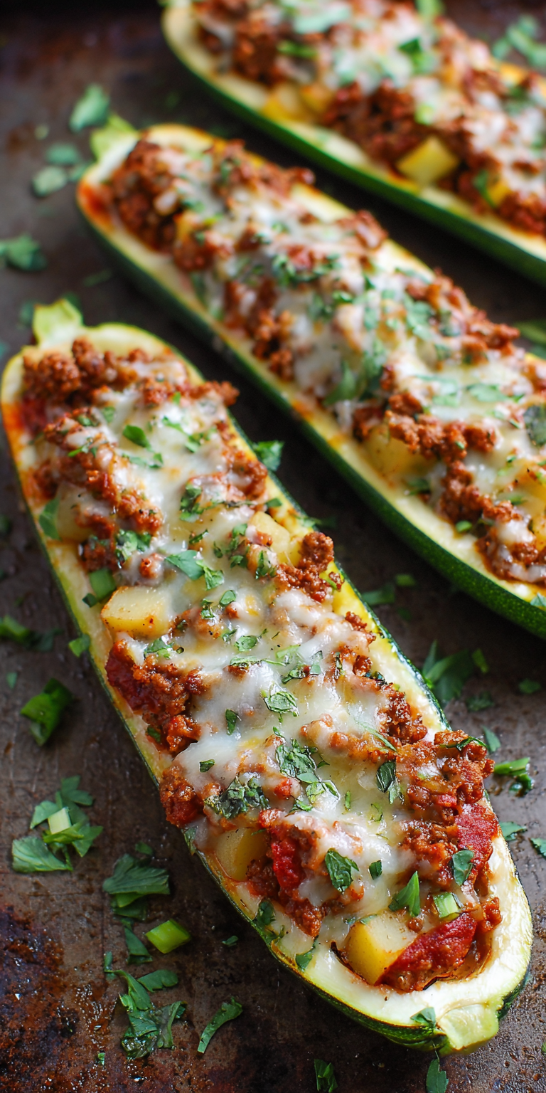Ground Beef & Potato Stuffed Zucchini served warm with cozy spices