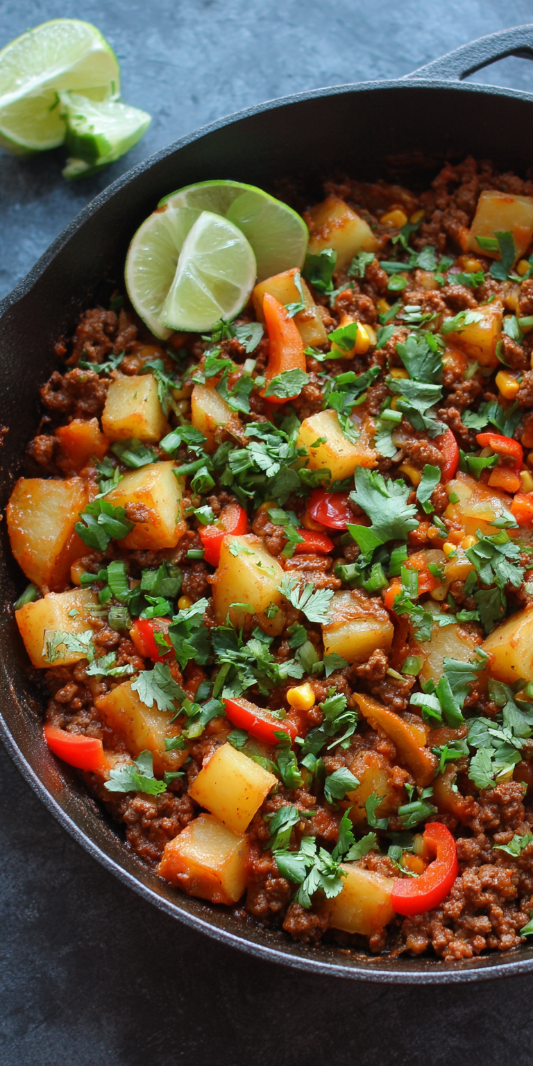 Ground Beef & Potato Taco Skillet served warm with cozy spices