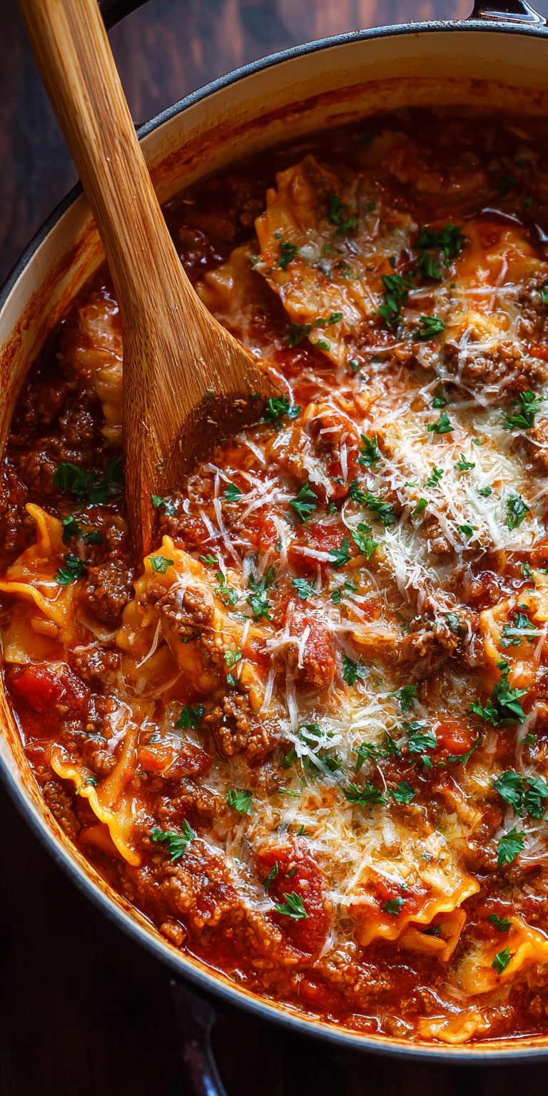 Hearty Beef One-Pot Lasagna Soup served warm with cozy spices