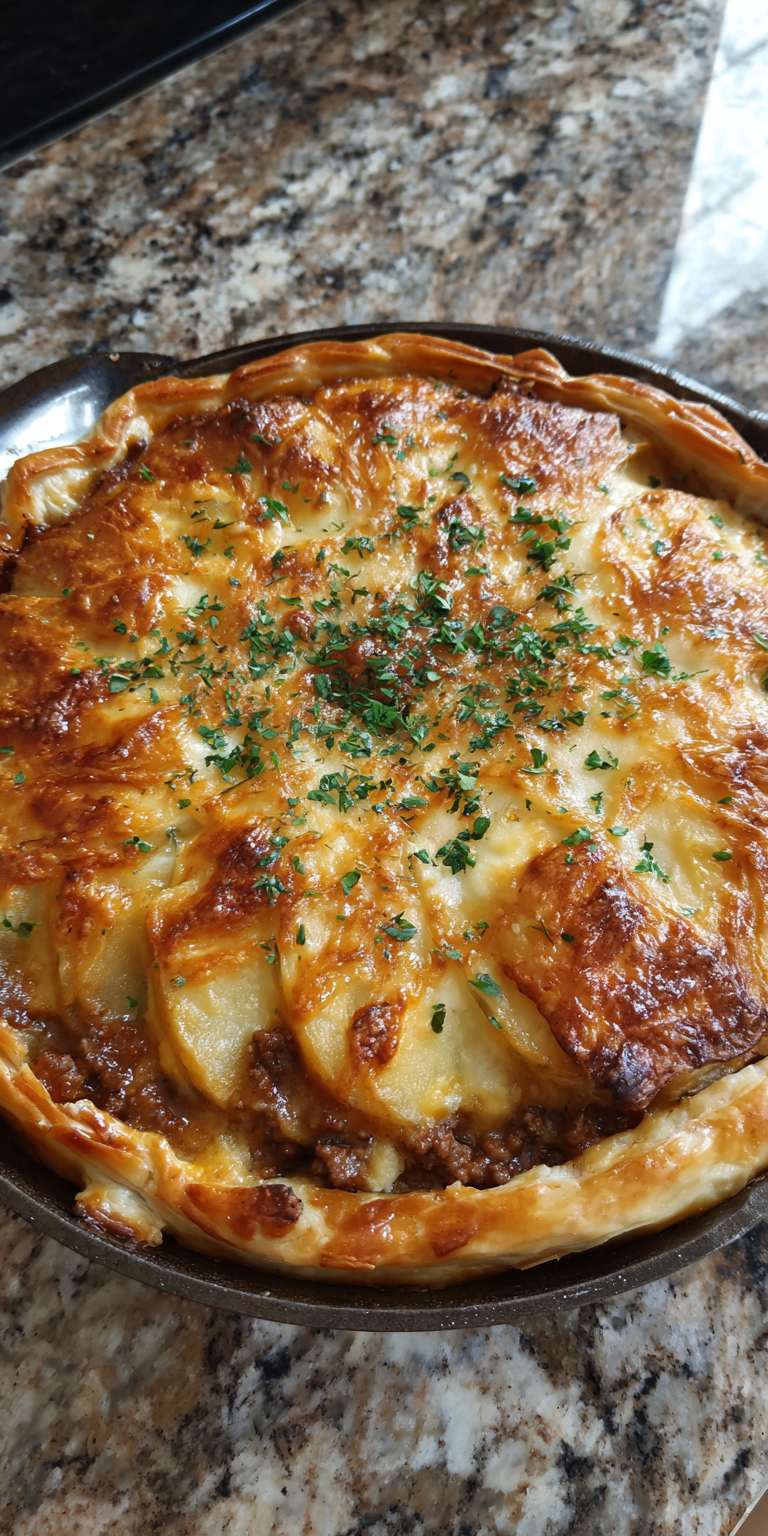 Hearty Ground Beef & Potato Bake with Mushroom Sauce served warm with cozy spices