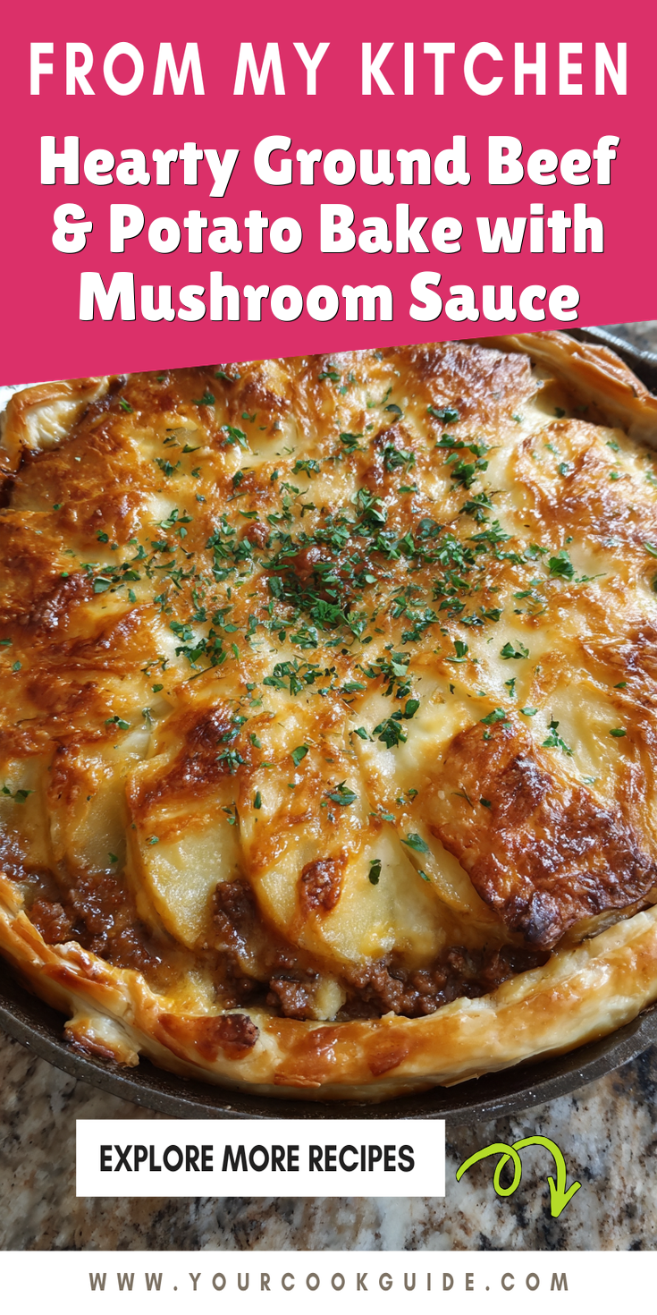 Hearty Ground Beef & Potato Bake with Mushroom Sauce served warm with cozy spices