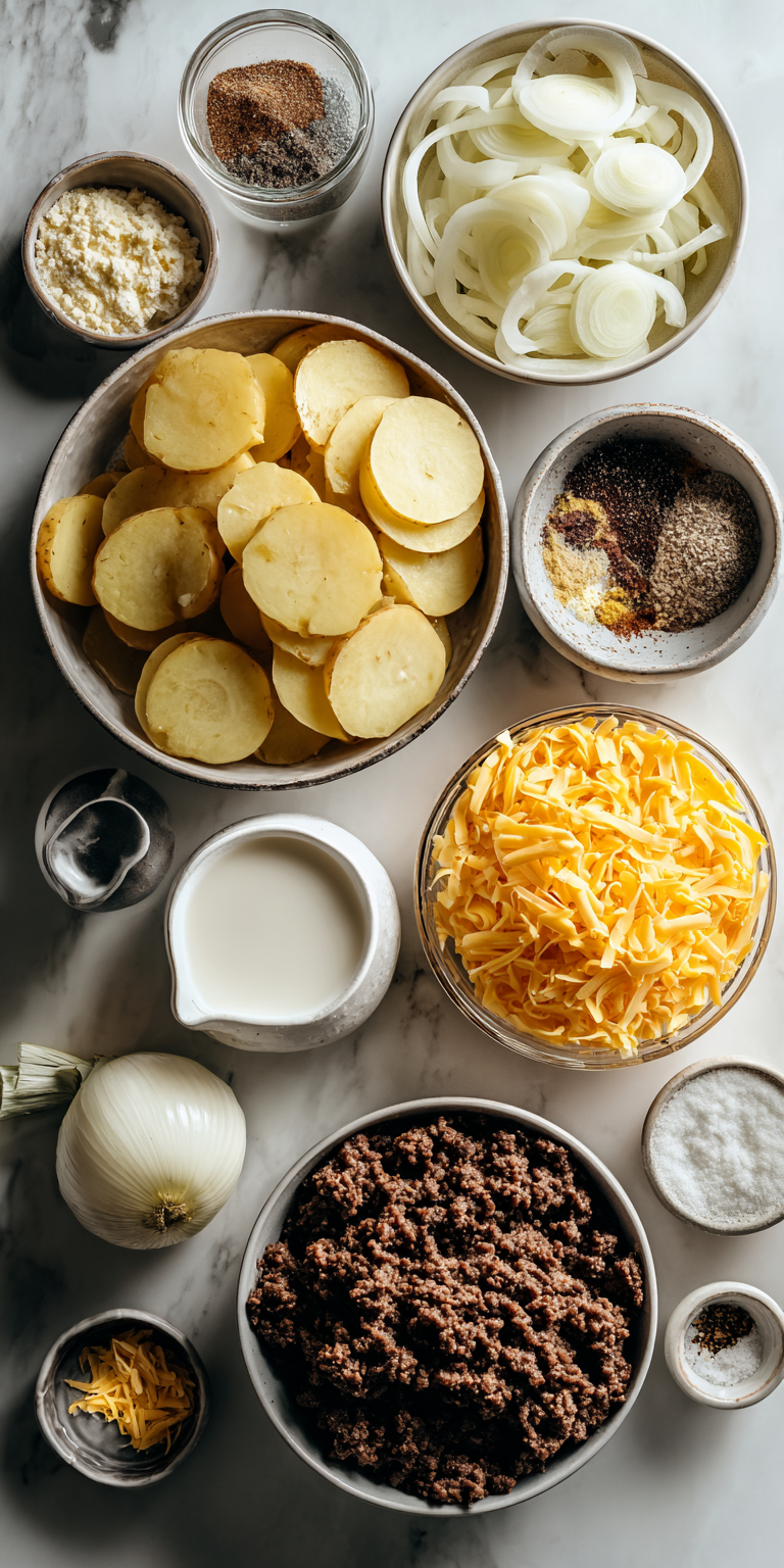 Hobo Casserole with Ground Beef & Hearty Potatoes ingredients ready for preparation