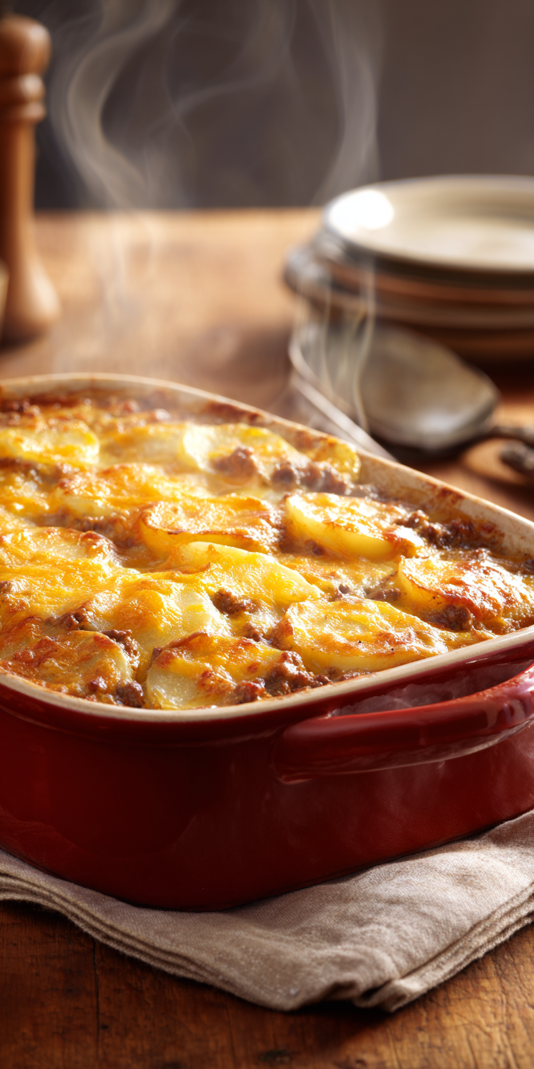 A hearty serving of Hobo Casserole with ground beef and tender potatoes in a baking dish