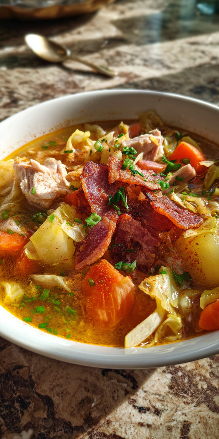 Irish Chicken Bacon Cabbage Potato Soup – Hearty & Cozy served warm with cozy spices