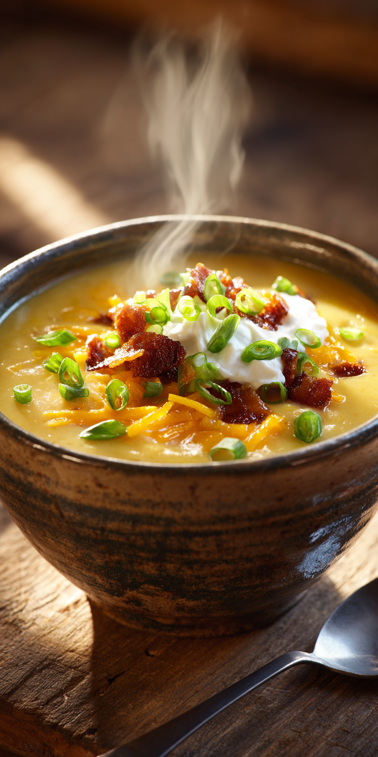 A comforting bowl of loaded baked potato soup with chicken and bacon, perfect for weeknight dinners