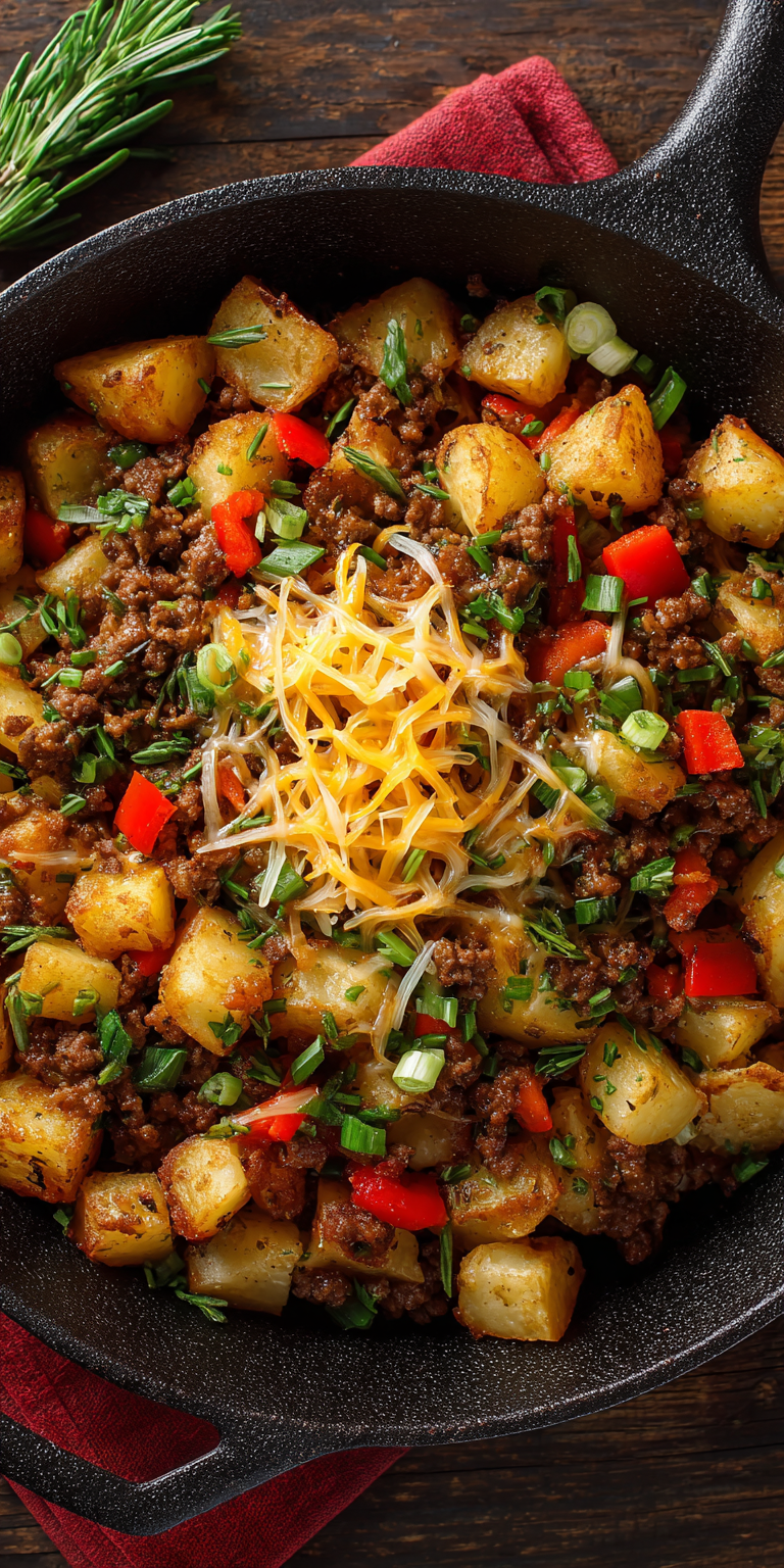 Loaded Ground Beef & Potato Casserole with Corn & Cheese served warm with cozy spices