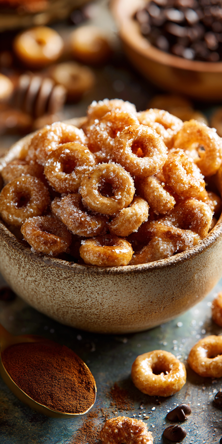 A bowl of Mini Doughnut Hot Buttered Cheerios with a crunchy, sweet glaze