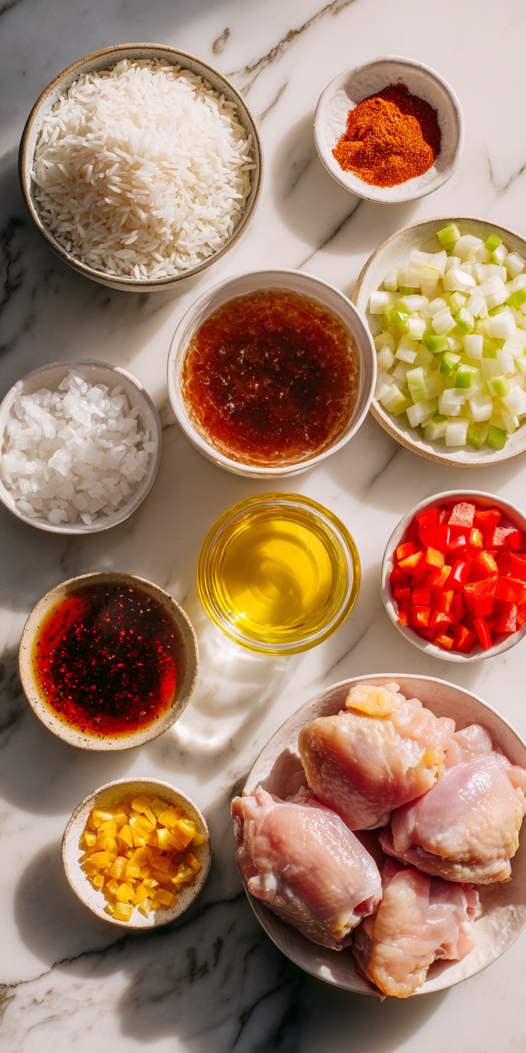 Close-up of raw components for One-Pan Honey BBQ Chicken Rice with a sweet glaze