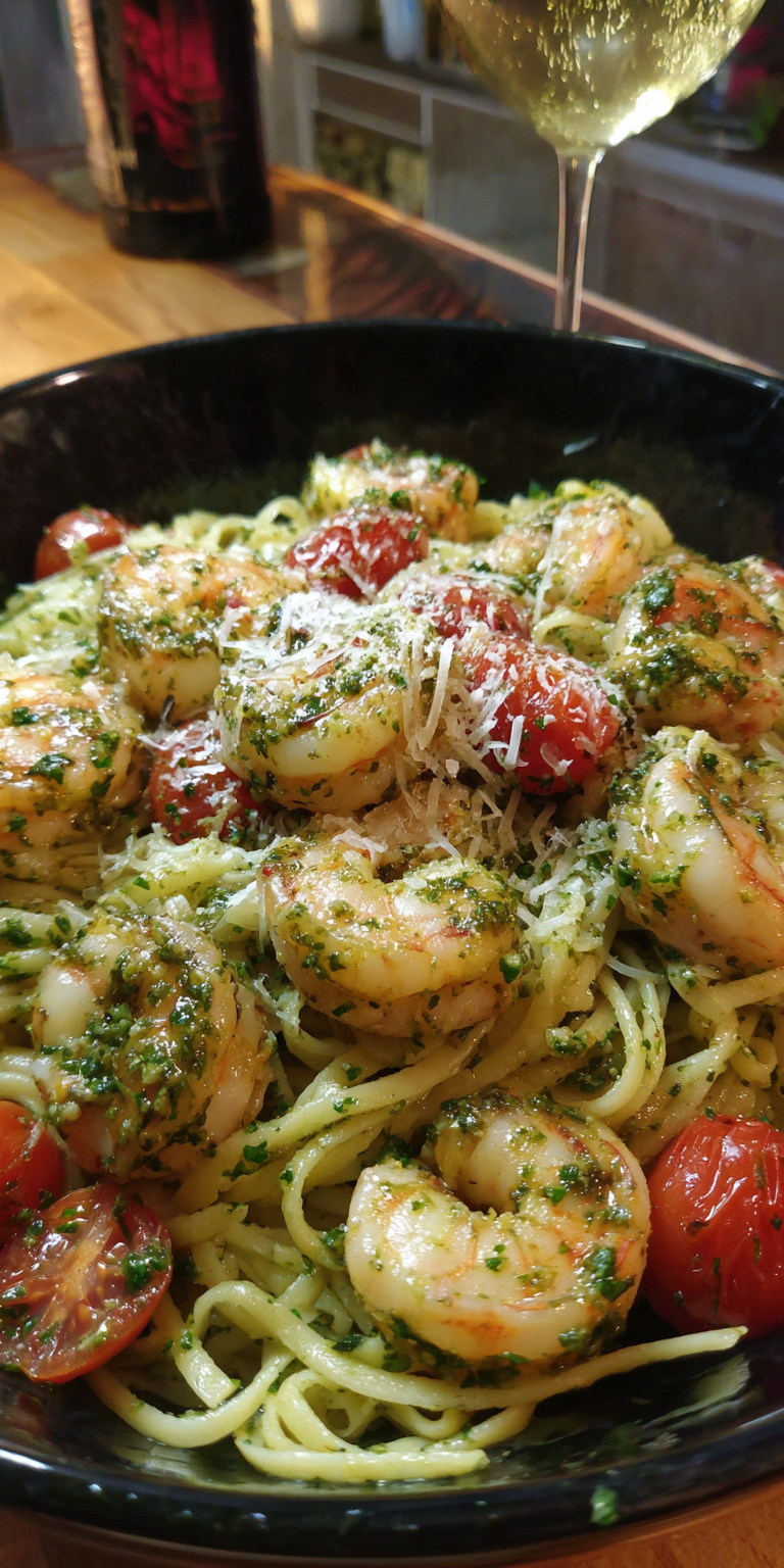 Pesto Shrimp Scampi served warm with cozy spices