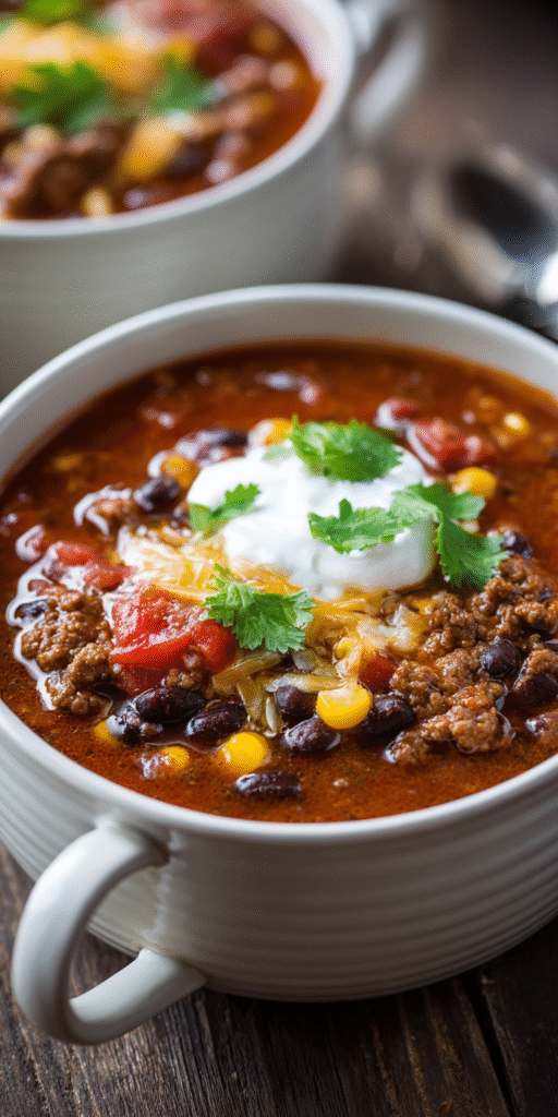 Savory Ground Beef Taco Soup served warm with cozy spices