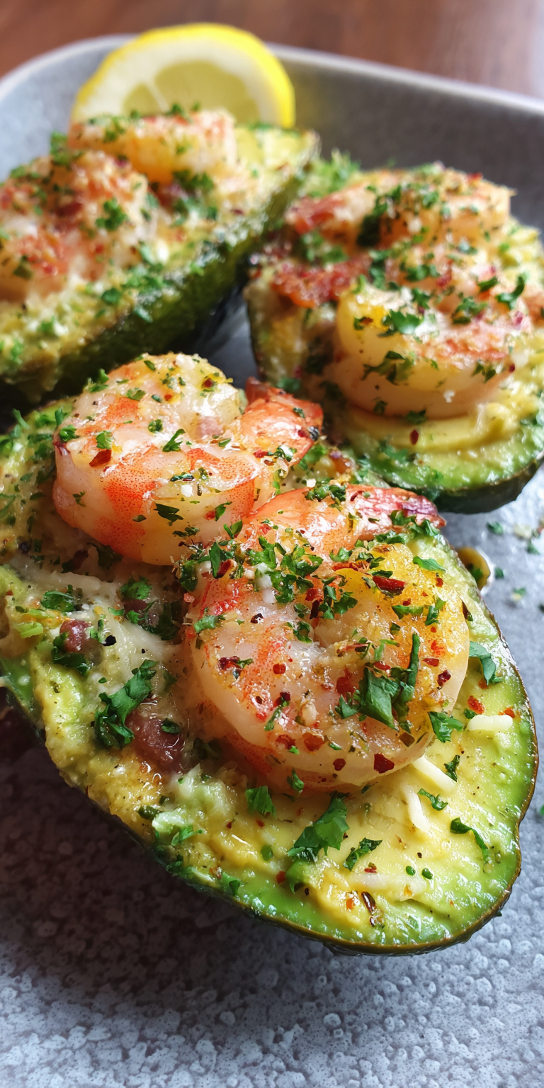 Shrimp Scampi Stuffed Avocados served warm with cozy spices