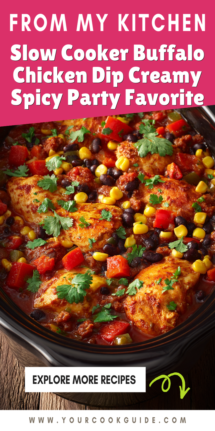 Slow Cooker Buffalo Chicken Dip Creamy Spicy Party Favorite served warm with cozy spices