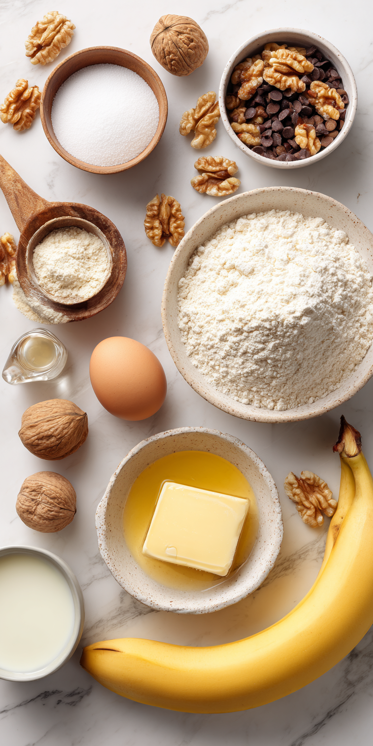 A collection of raw components for small batch banana muffins ready to be mixed